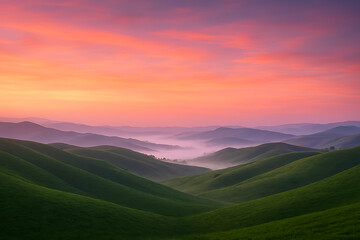 Obraz premium Beautiful landscape photography of green hills and mountains with pink sunset scenic view nature wallpaper