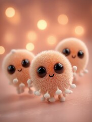 Cute, animated microbes with big eyes and fuzzy textures, set against a soft, blurred background of glowing lights.