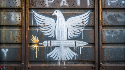anti war graffiti A graffiti mural of a dove with outstretched wings above a stylized missile, set against a weathered metal backdrop.