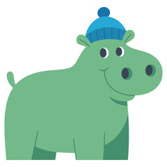 cute hippopotamus wearing winter hat flat color vector illustration template design