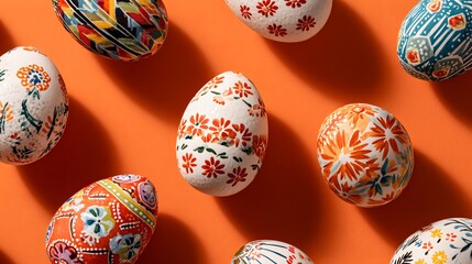 Decorative eggs adorned with colorful floral patterns and other intricate designs are arranged on a vibrant orange background, showcasing an array of artistic embellishments and a lively presentation.