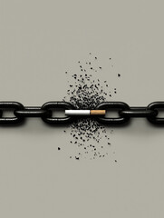 A broken chain link is depicted, with particles scattering, symbolizing disruption or the breaking of bonds.