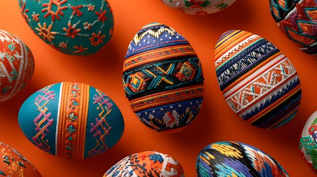 Colorful, intricately embroidered Easter eggs arranged in a composition against a vibrant orange backdrop, showcasing various patterns and textures with attention to detail and decorative...