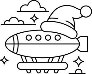 A black and white drawing of a Santa hat on top of an airplane