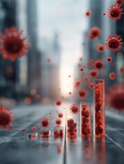 A visually striking representation of rising COVID-19 cases depicted through bar graphs and floating virus particles, emphasizing the pandemic's impact.