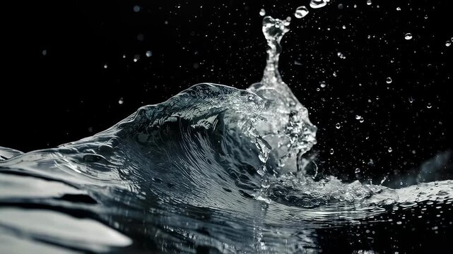 A dynamic capture of clear liquid in motion, wave crests and droplets against a dark backdrop