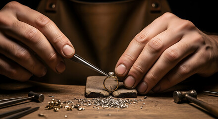 Craftsman Jeweler Setting Diamond on Gold Ring in Workshop