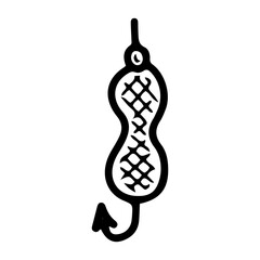 Fishing spoon with hooks. Hand drawn doodle vector. Spinning rod equipment. Wobbler, lure. Artificial fish. Seafood catch. Lake camping. Fishery tackle. Line art illustration.