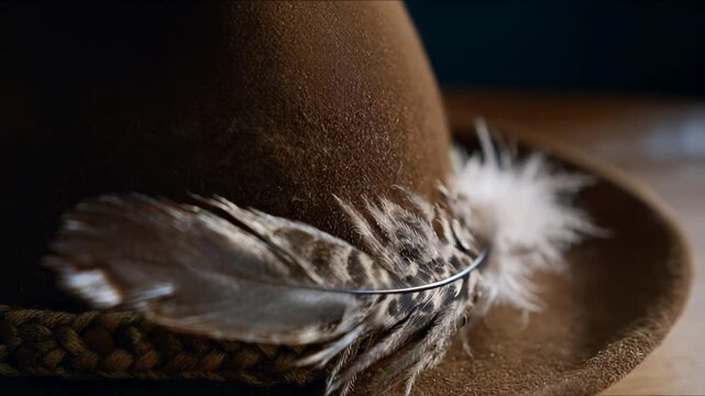Close-up of a brown felt hat with feathers, rustic and vintage vibe, autumn fashion accessory, bohemian style inspiration