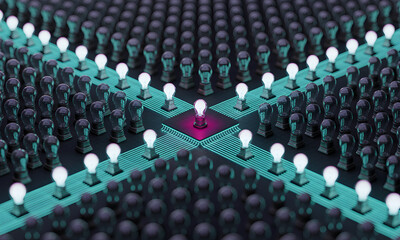 Fototapeta premium Concept of unique idea and leadership shown through illuminated lightbulb among other unlit bulbs