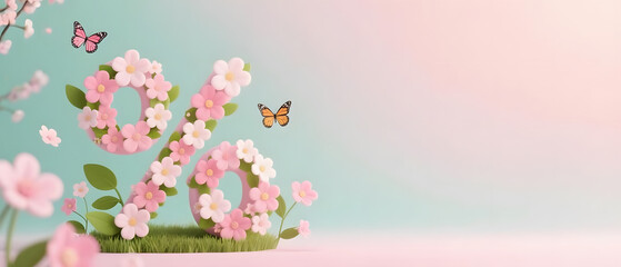 Spring sale banner template with beautiful colorful flower on pink background, for shopping sale. banner design. Poster, card, web banner. 