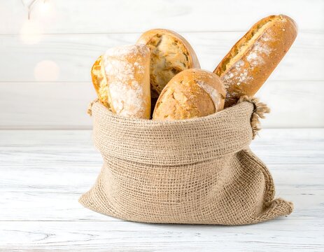 Variety of baked goods in burlap sack