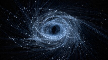 Swirling abstract design showcasing interconnected lines and luminous dots, creating a spiral formation against a dark background, suggesting movement and energy with a futuristic feel.