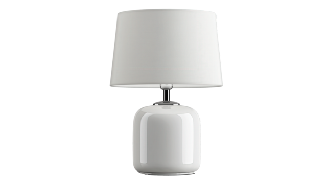 White lamp shade sits on a white table isolated on transparent background