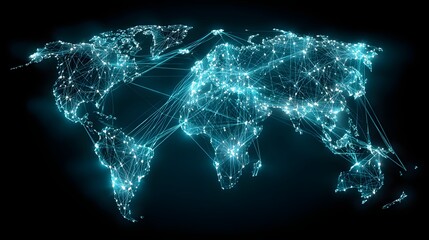 Glowing interconnected lines and points illustrate a global network, highlighting communication, data transfer, and digital connections across continents.
