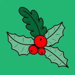 Green holly leaves with red berries. Hand drawn color flat vector. Merry Christmas greeting card. Plant nature. Tradition holiday. Fun celebration. Illustration doodle line art.