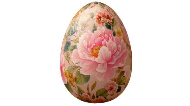 Pink and white egg with flowers painted isolated on transparent background