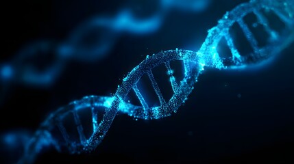 Abstract 3D rendering showcases a detailed DNA strand in a mesmerizing display, emitting glowing blue particles against a dark backdrop.