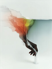 Abstract surreal hand emerging from layered shapes and water