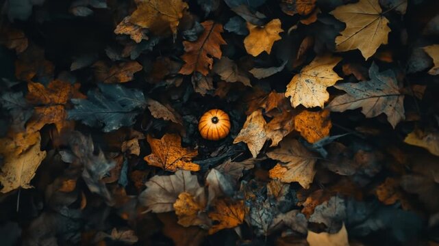 Small pumpkin surrounded by fallen autumn leaves