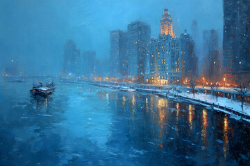 Naklejka premium a painting of a city at night with a boat in the water