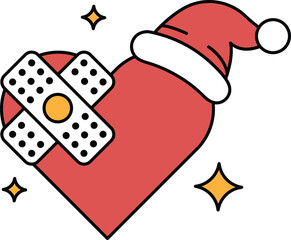 A cartoon drawing of a heart with a bandage on it and a Santa hat on top