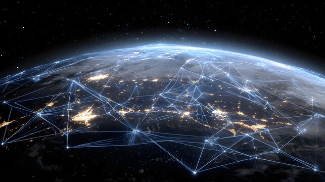 Visualization depicts the earth surrounded by a network of interconnected lines and nodes, symbolizing a global digital connection.