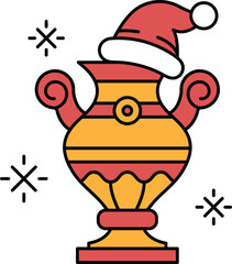 A black and white drawing of a vase with a hat on top of it