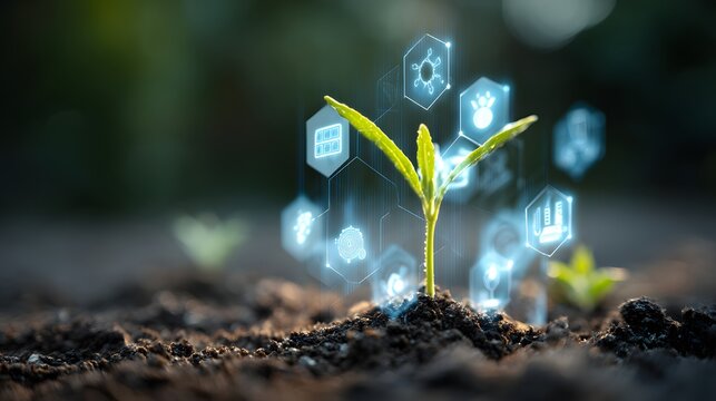 Budding plant sprouts from the soil with digital interface elements displayed, illustrating technology integration and interconnected data, symbolizing innovative progress, future growth, and the...