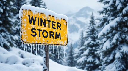 Winter storm warning sign in snowy forest landscape for weather advisory and travel safety information