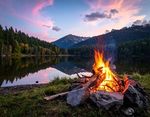 Campfire by a serene lake at sunset in the mountains.