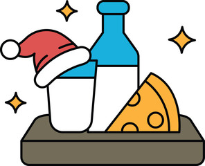 A black and white drawing of a pizza, a bottle, and a cup with a hat on top