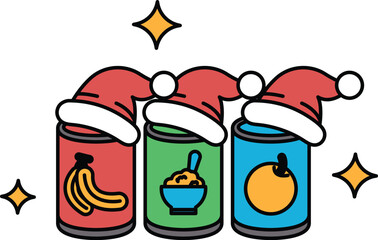 Three cans of food with hats on them