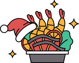A black and white drawing of a hat with a carrot and a bunch of shrimp