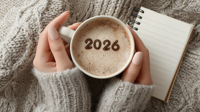 Woman holding coffee cup with number 2026 in cappuccino foam and notebook for new year resolutions captured from top view angle