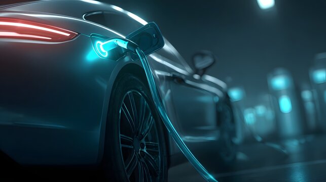Electric vehicle charging at a station with its power cable plugged in, illuminated with bright blue and orange lights, showcasing futuristic technology and a clean energy concept.