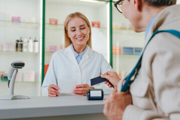 Pharmacist assisting customer with credit card payment at pharmacy counter