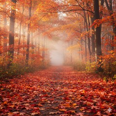 Fototapeta premium Autumn forest path with misty glow.