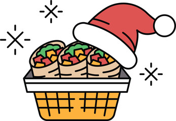 A basket of food with a hat on top of it