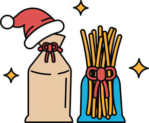 A black and white drawing of a Santa hat and a bag with a bow on it