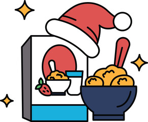 A box of cereal is next to a bowl of ice cream