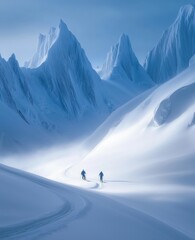 Two skiers exploring pristine snowy valley with dramatic sharp peaks and untouched powder snow