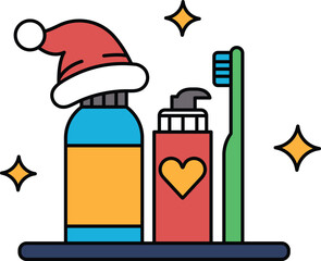 A bottle of shampoo, a toothbrush and a hat with a heart on it