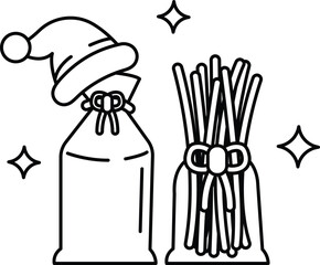 A black and white drawing of a Santa hat and a bag with a bow on it