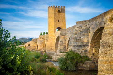 View at Puente medieval de Frias. Medieval bridge near the town, crossing the Ebro river.