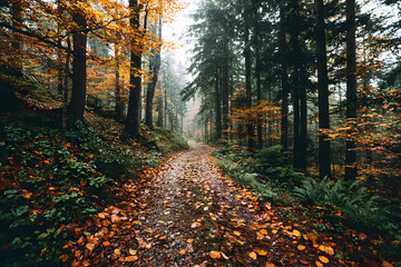 Obraz premium a path in the woods with leaves on the ground