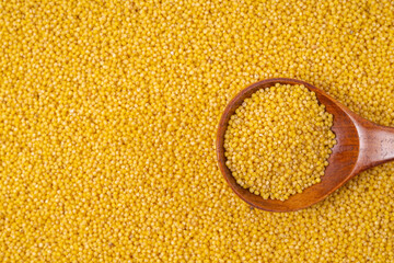 Millet and wooden spoon as a texture, background, pattern. Copy space