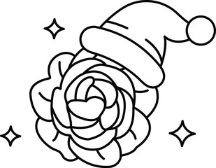 A black and white drawing of a flower with a hat on top of it