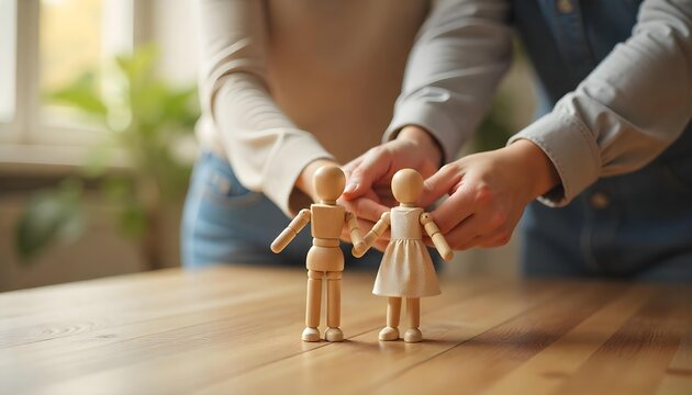 A couple holds wooden figures on a table, celebrating togetherness and joy on World Parents Day, highlighting family connections - Powered by Adobe
