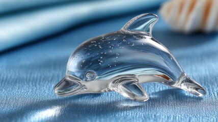 Glass dolphin figurine on a blue background with a shell.